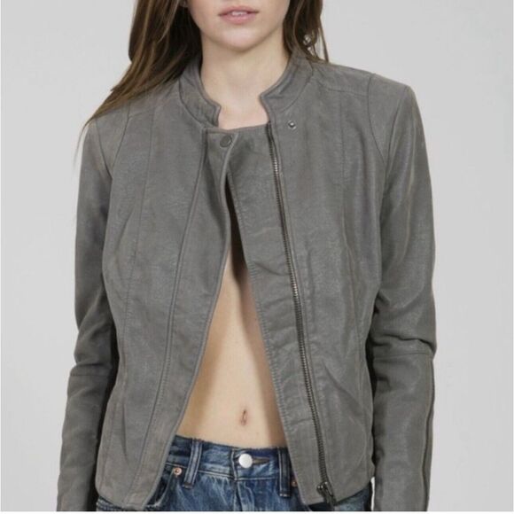 Free People Cool and Clean Gray Faux Leather Jacket Moto‎ Motorcycle Sz 8 - Picture 1 of 8